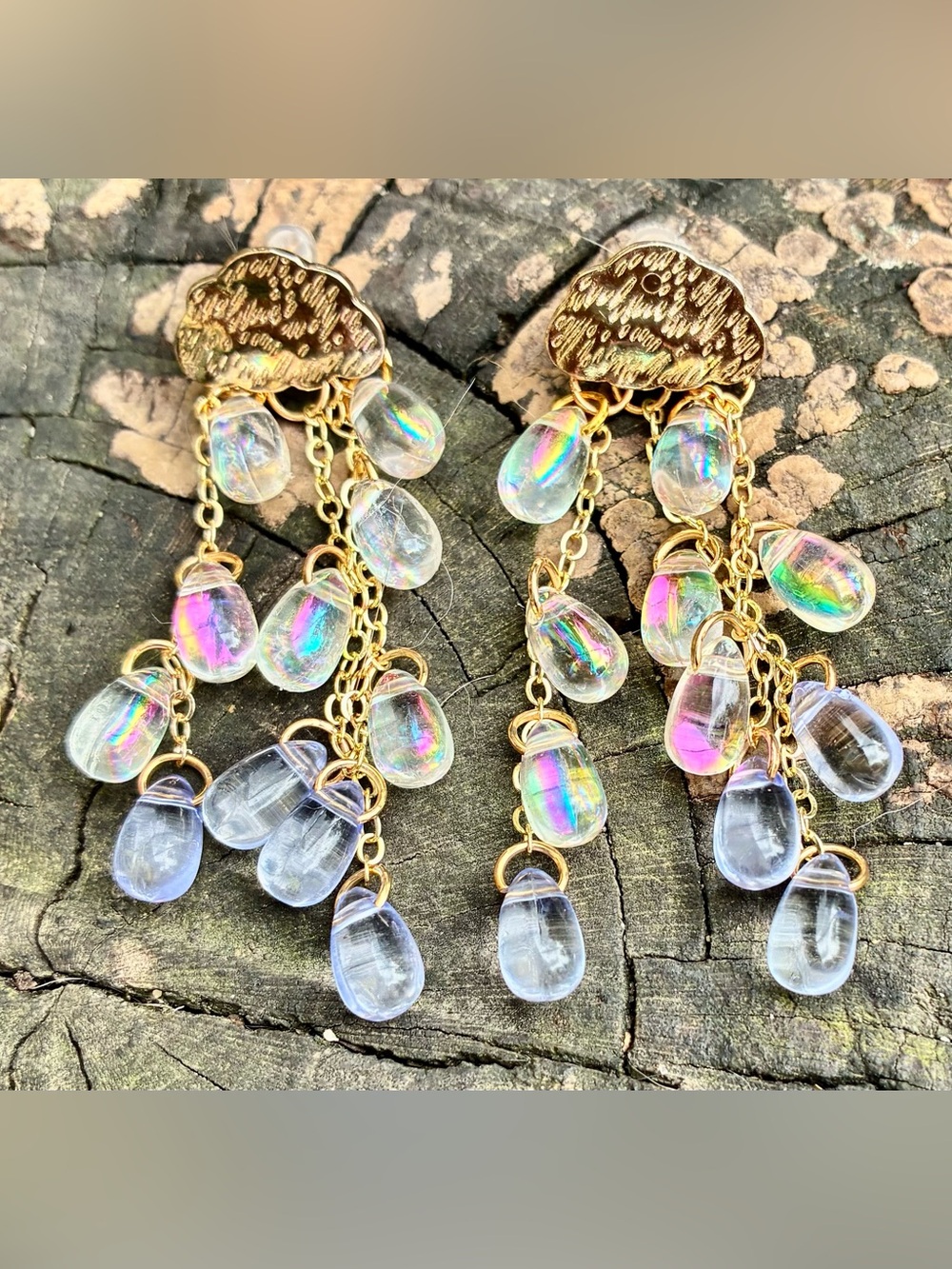 ☁️ Gold-tone Cloud Drop Earrings with Iridescent Crystal Teardrops